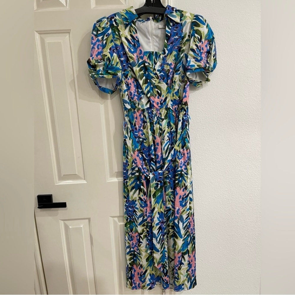 Badgley Mischka Floral Puff-Sleeve Midi Dress in Blue, Pink & Green
